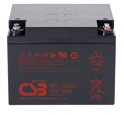 Аккумулятор CSB GPL 12260, напряжение 12V, емкость 26Ah, 166х175х125 мм, увеличенный срок службы