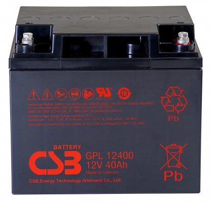 Аккумулятор CSB GPL 12400, напряжение 12V, емкость 40Ah, 197х165х174 мм, увеличенный срок службы