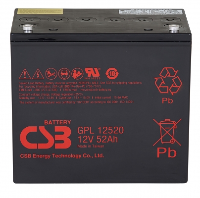 Аккумулятор CSB GPL 12520, напряжение 12V, емкость 52Ah, 228x138x220 мм, увеличенный срок службы