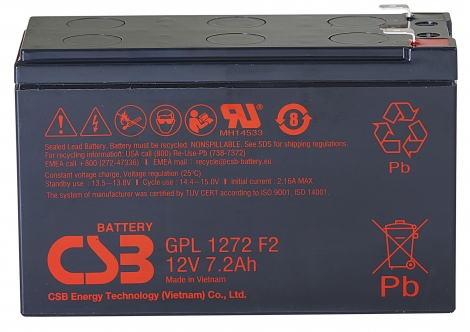 Аккумулятор CSB GPL 1272, напряжение 12V, емкость 7.2Ah, 151х65х100 мм, увеличенный срок службы