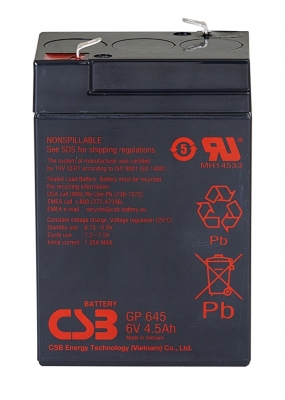 Аккумулятор CSB GP 645, напряжение 6V, емкость 4.5Ah, 70х48х108 мм