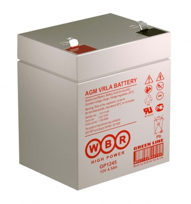 Аккумулятор WBR GP 1245 16W, напряжение и емкость 12V 4.5Ah (16 Вт/Эл), AGM