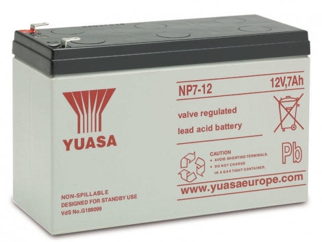 Аккумулятор Yuasa NP7-12, напряжение и емкость 12V 7Ah, 151х65х97.5 мм (ДхШхВ), 2.65 кг, AGM, до 5 лет