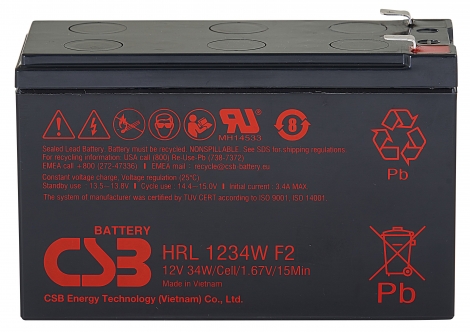 Аккумулятор CSB HRL 1234W, напряжение 12V, емкость 9Ah, 151x60x98 мм, увеличенный срок службы