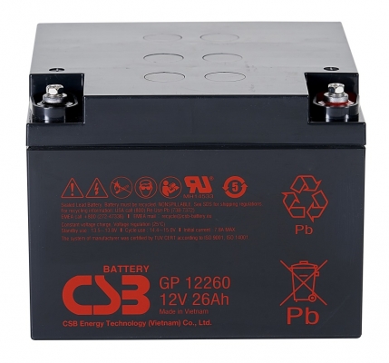 Аккумулятор CSB GP 12260, напряжение 12V, емкость 26Ah, 166х175х125 мм